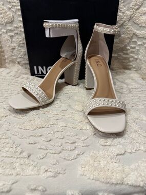INC International Concepts Ivory Pearl-Embellished Block Heel Sandals #628
